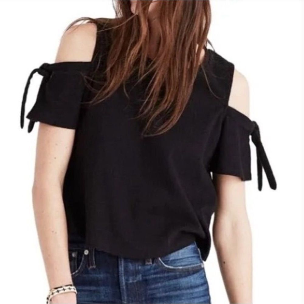 Madewell Skylark Cold Shoulder Women's Size Small Black‎ Top Tie Sleeves Blouse